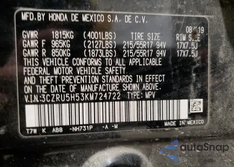 2019 Honda Hr-V Ex z USA, uszkodzony, nr VIN 3CZRU5H53KM724722